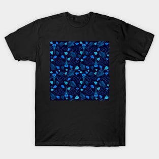 Bright Blue Dragonfly and Leaf Pattern on Blue T-Shirt